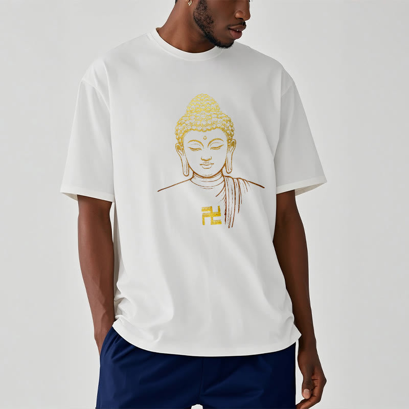 Nimara Ritual Swastika Pattern Golden Buddha Cotton Tee T-shirt