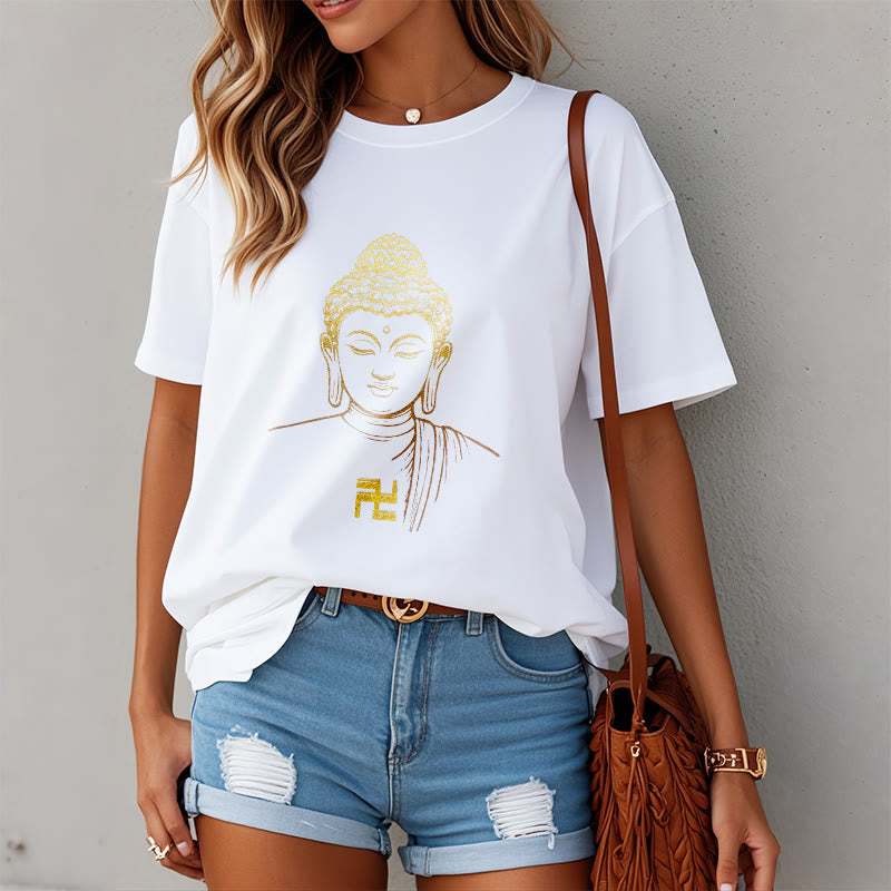 Nimara Ritual Swastika Pattern Golden Buddha Cotton Tee T-shirt