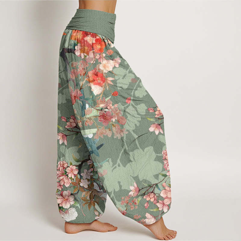 Nimara Ritual Cotton Red Pink Blooming Flowers Lush Branches Women's Elastic Waist Harem Pants