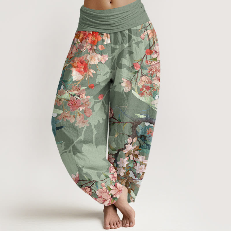 Nimara Ritual Cotton Red Pink Blooming Flowers Lush Branches Women's Elastic Waist Harem Pants