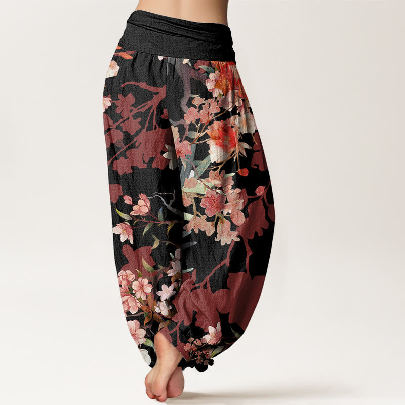 Nimara Ritual Cotton Red Pink Blooming Flowers Lush Branches Women's Elastic Waist Harem Pants