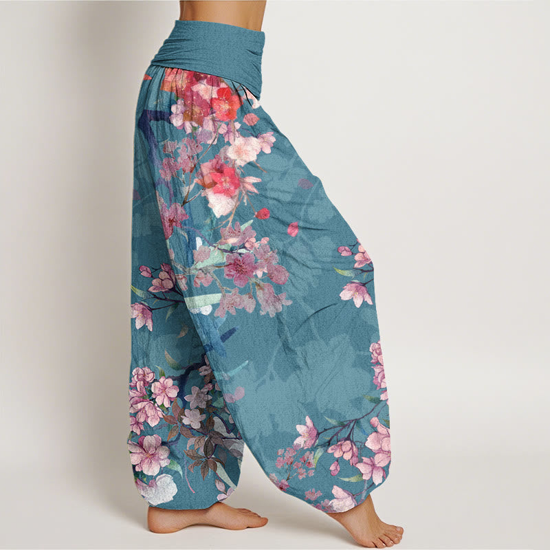 Nimara Ritual Cotton Red Pink Blooming Flowers Lush Branches Women's Elastic Waist Harem Pants