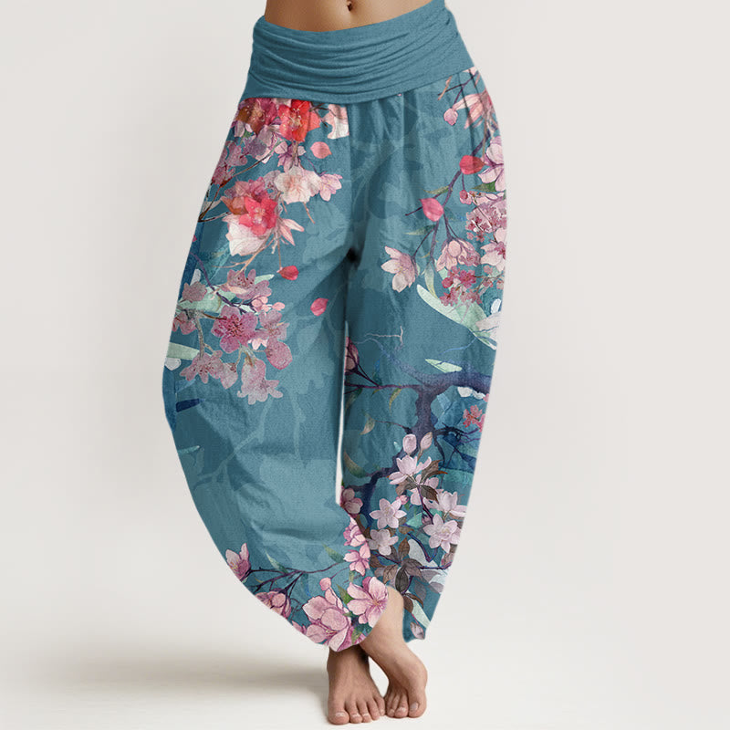 Nimara Ritual Cotton Red Pink Blooming Flowers Lush Branches Women's Elastic Waist Harem Pants