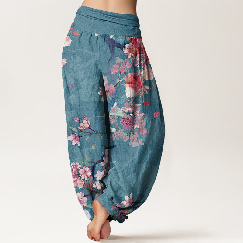 Nimara Ritual Cotton Red Pink Blooming Flowers Lush Branches Women's Elastic Waist Harem Pants