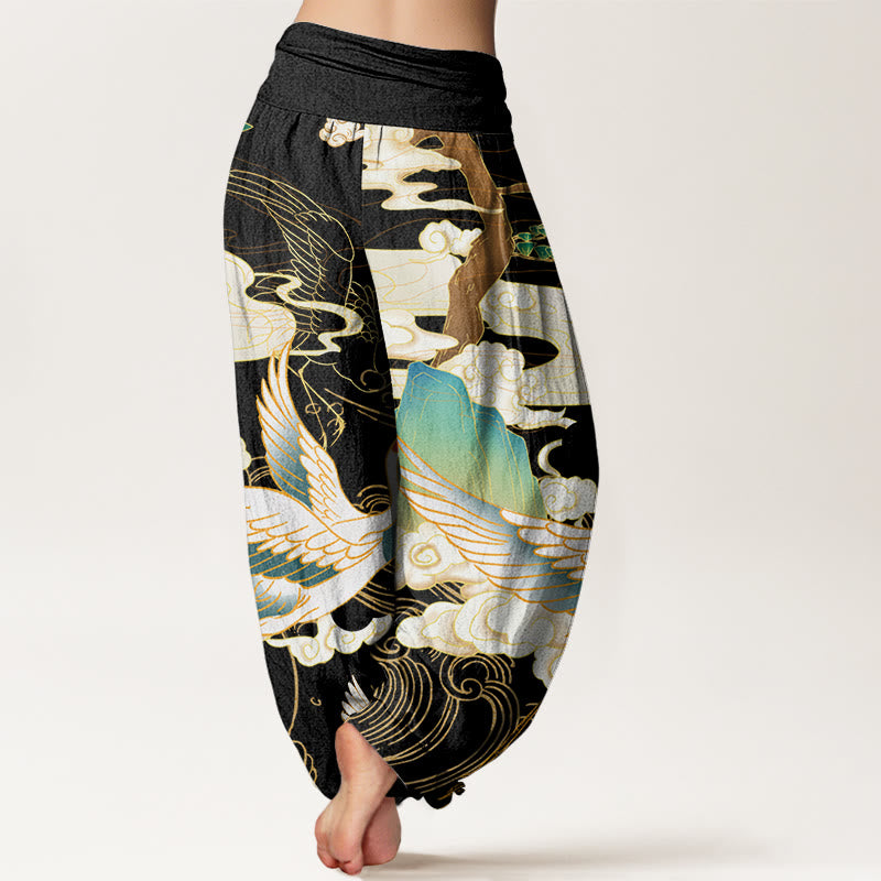 Nimara Ritual Cotton Flying Cranes Auspicious Clouds Tree women's Elastic Waist Harem Pants