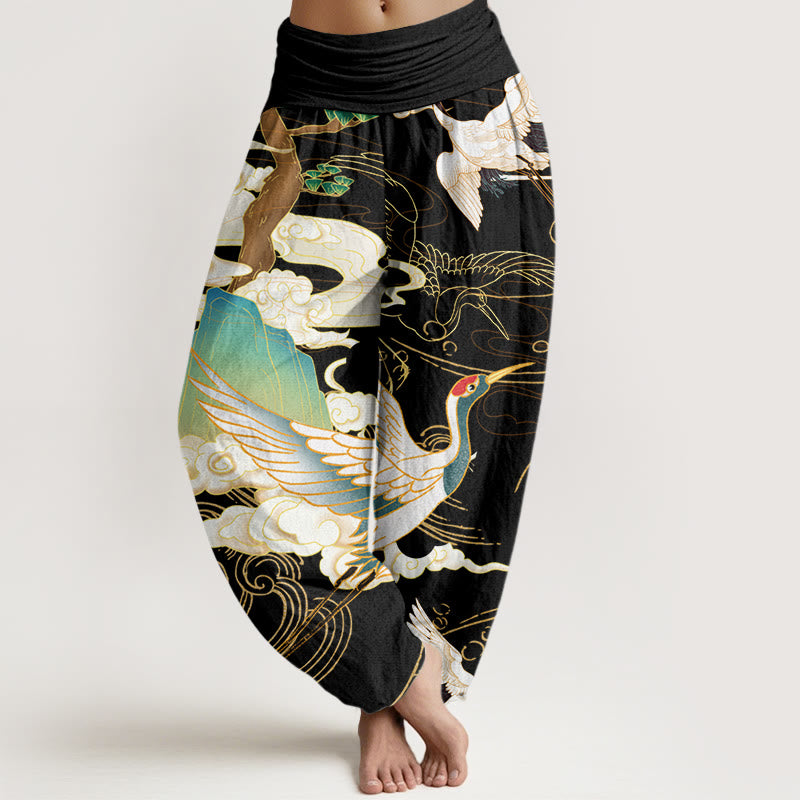Nimara Ritual Cotton Flying Cranes Auspicious Clouds Tree women's Elastic Waist Harem Pants