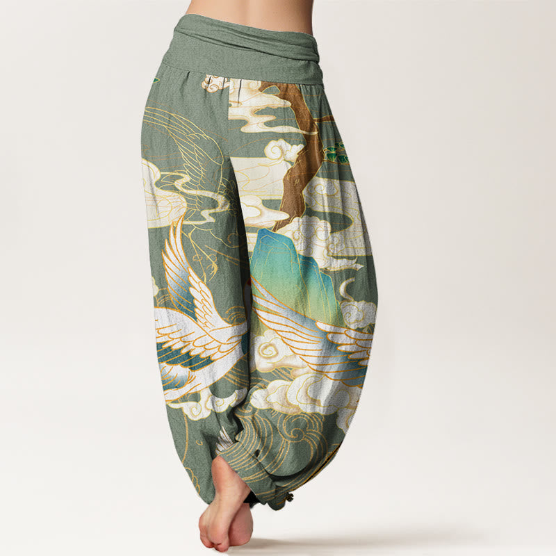 Nimara Ritual Cotton Flying Cranes Auspicious Clouds Tree women's Elastic Waist Harem Pants