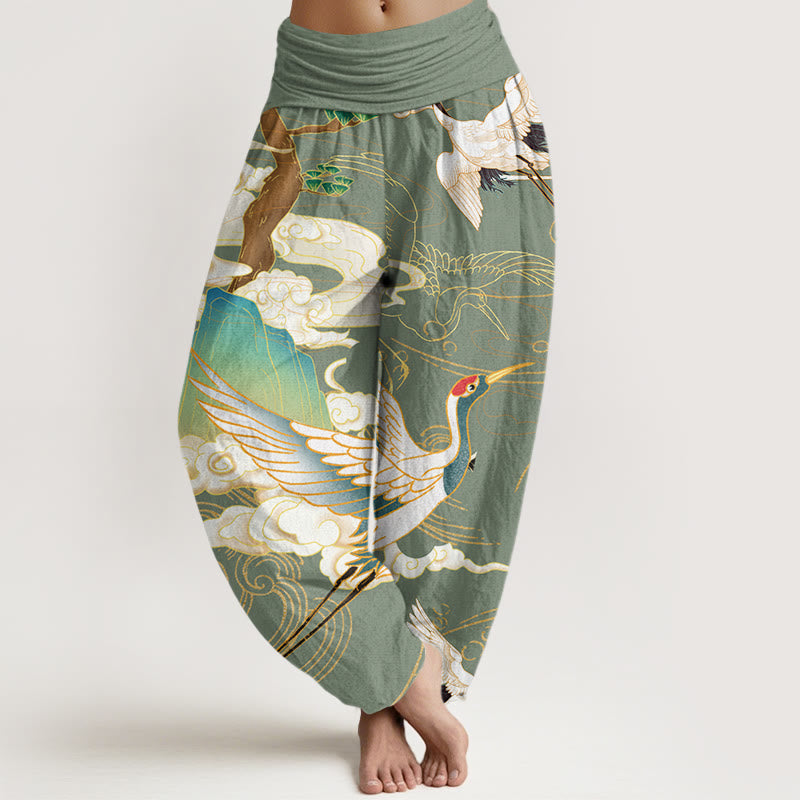 Nimara Ritual Cotton Flying Cranes Auspicious Clouds Tree women's Elastic Waist Harem Pants