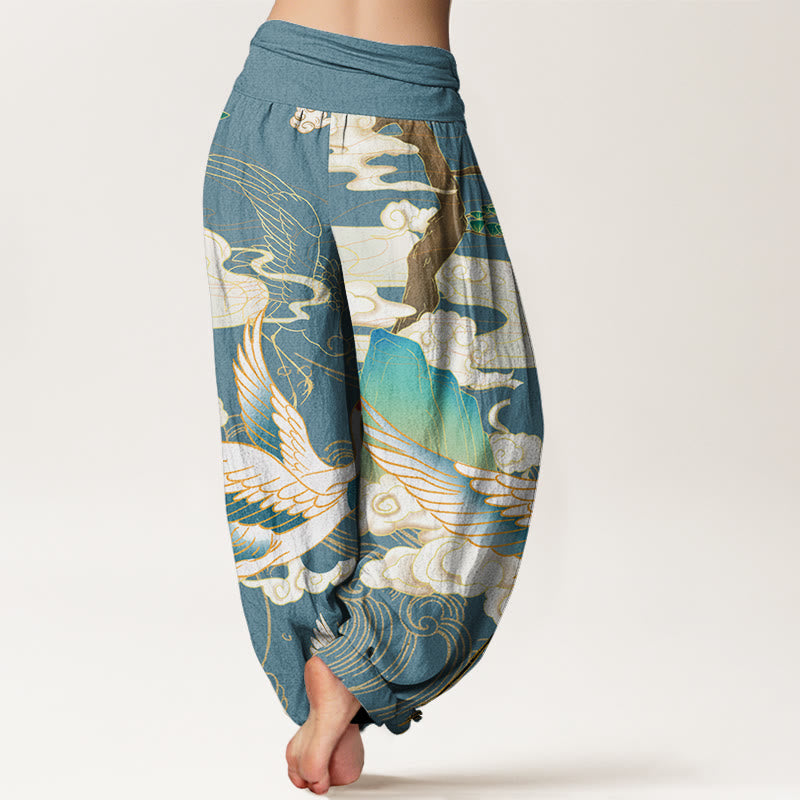 Nimara Ritual Cotton Flying Cranes Auspicious Clouds Tree women's Elastic Waist Harem Pants