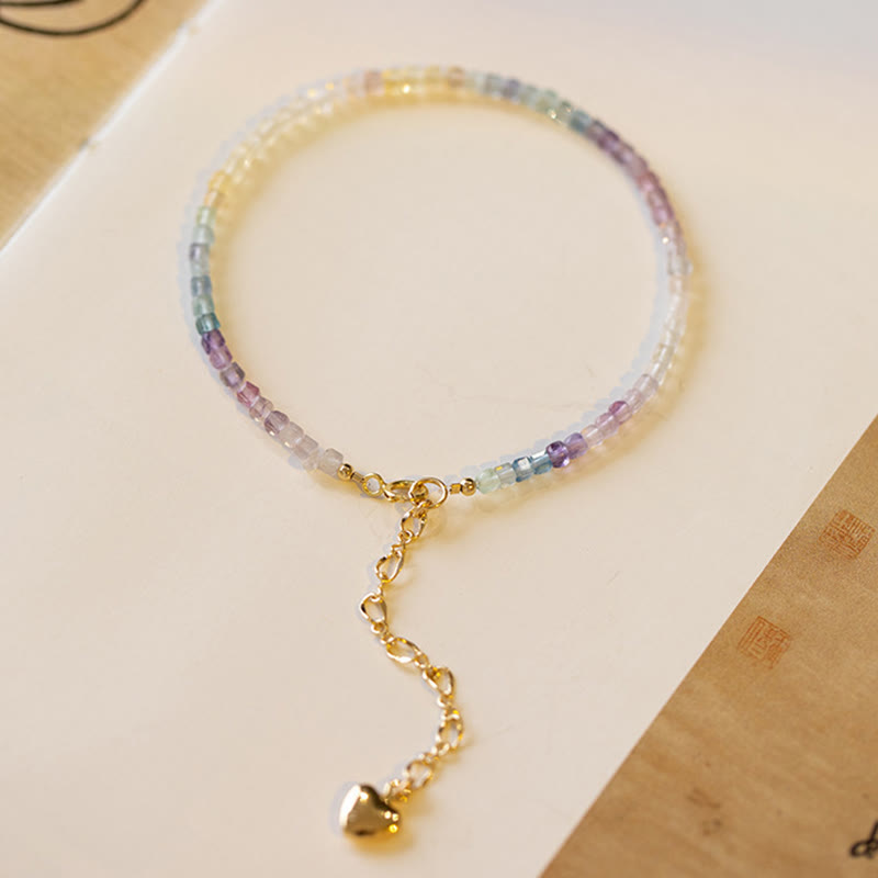 Nimara Ritual 2.5mm Fluorite Ultra-thin Beads 14k Gold Plated Copper Heart Power Bracelet