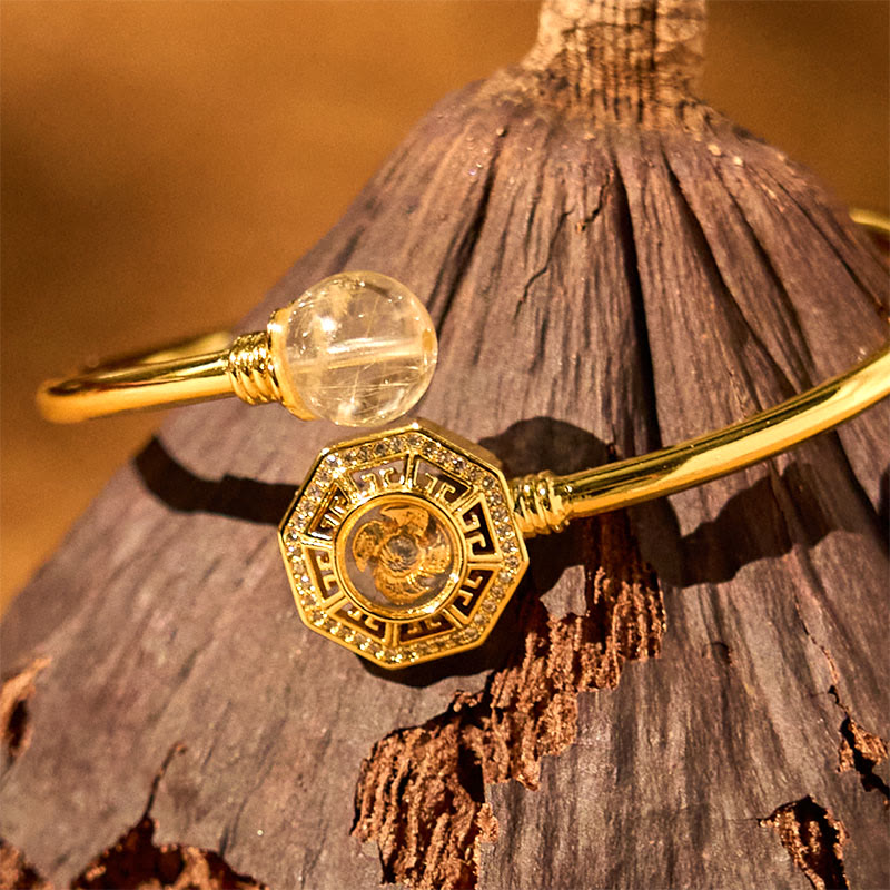 Nimara Ritual Rutilated Quartz Copper Brass Rotatable Windmill Feng Sheng Shui Qi Courage Bracelet Bangle