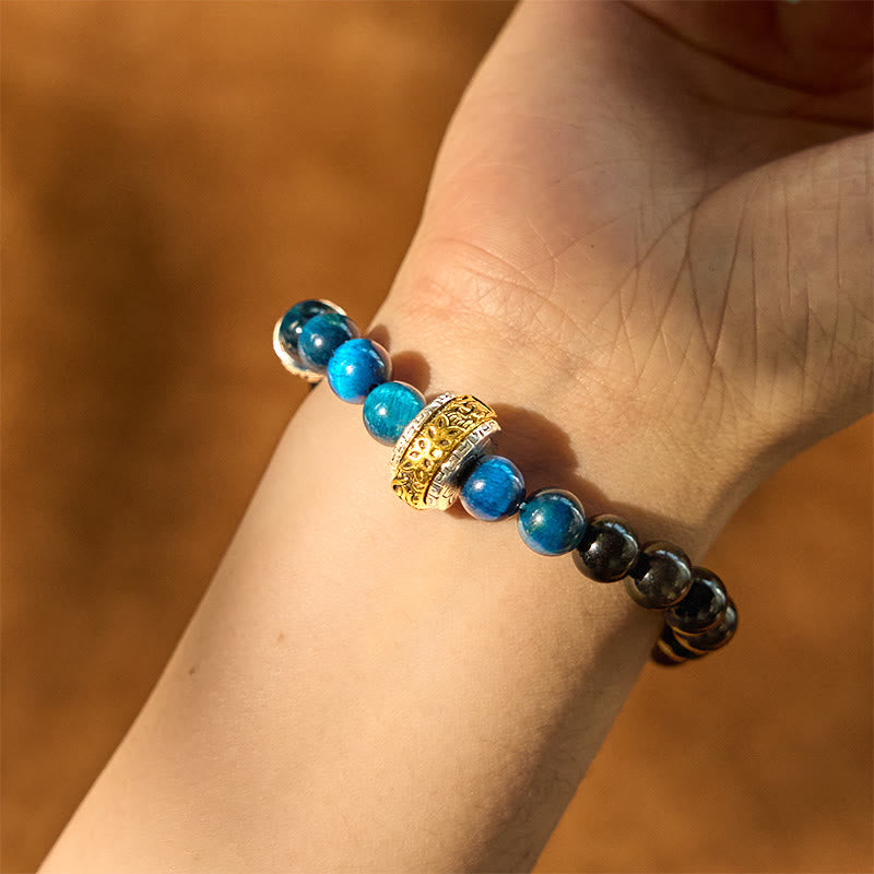 Nimara Ritual Silver Sheen Obsidian Blue Tiger Eye Om Mani Padme Hum Protection Bracelet
