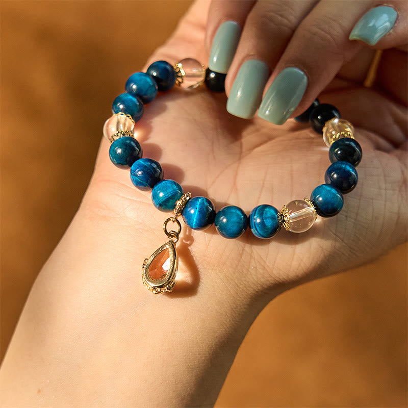 Nimara Ritual Blue Tiger Eye White Crystal Water Drop Strength Bracelet