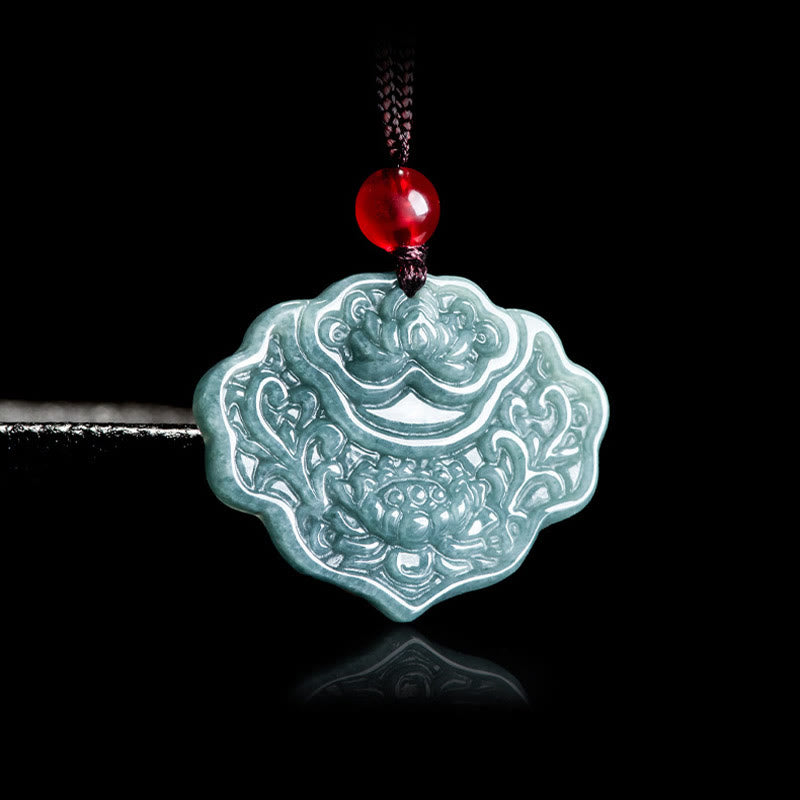 Nimara Ritual Lotus Pattern Carved Jade Abundance Prosperity Necklace Rope Pendant