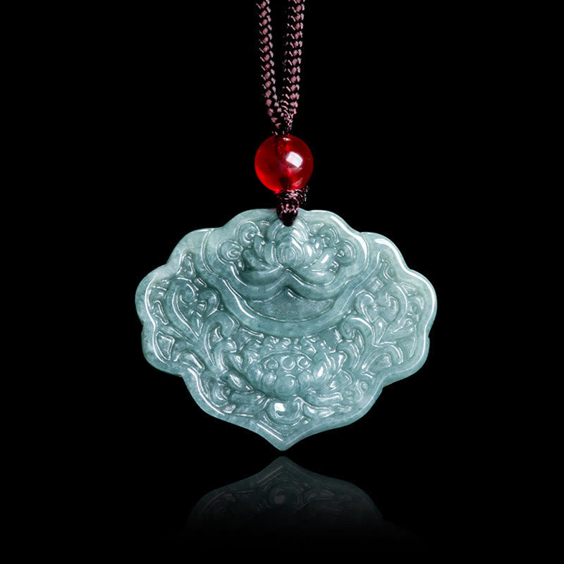Nimara Ritual Lotus Pattern Carved Jade Abundance Prosperity Necklace Rope Pendant