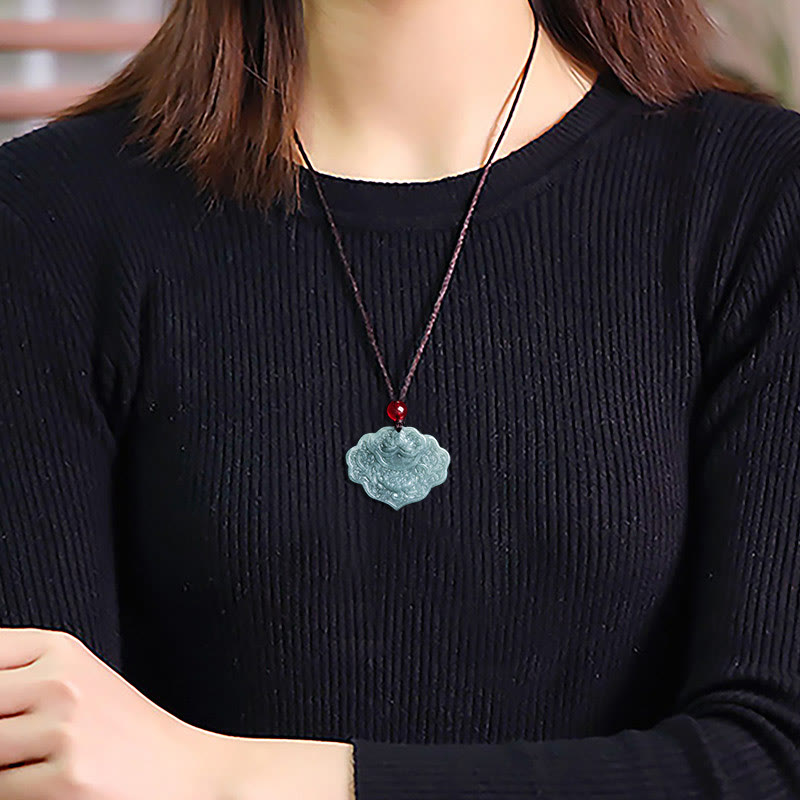 Nimara Ritual Lotus Pattern Carved Jade Abundance Prosperity Necklace Rope Pendant