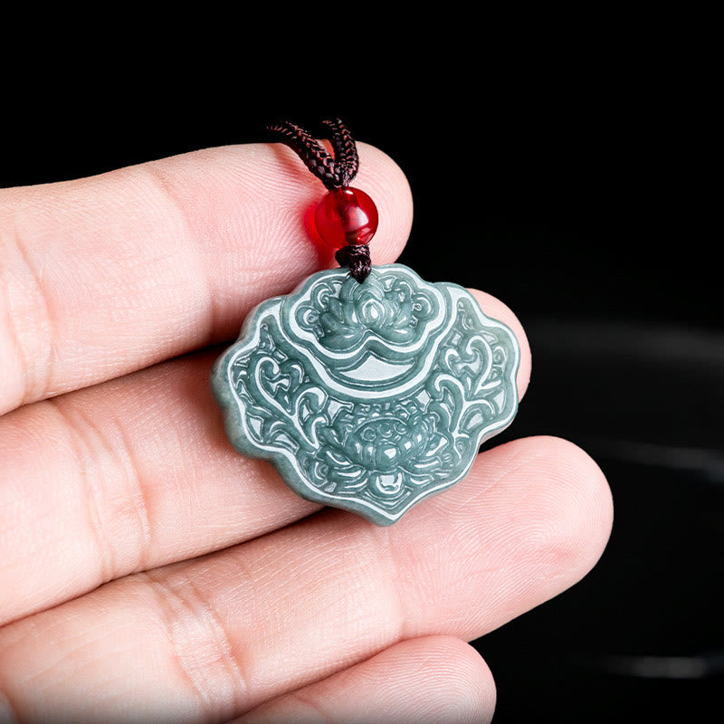 Nimara Ritual Lotus Pattern Carved Jade Abundance Prosperity Necklace Rope Pendant