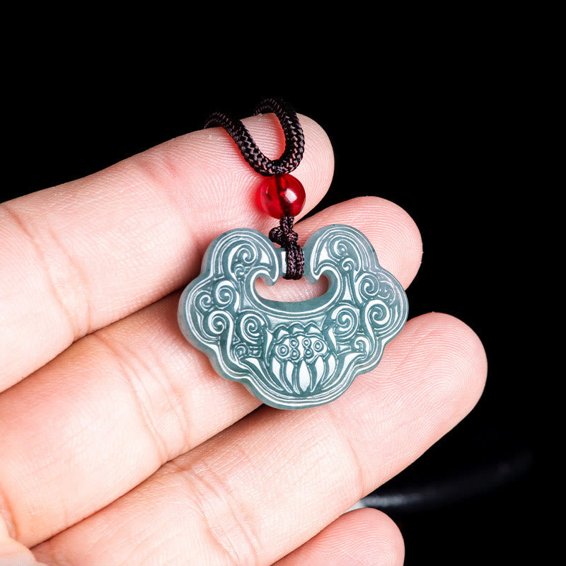 Nimara Ritual Lotus Carved Jade Ruyi Abundance Prosperity Abundance Necklace Pendant