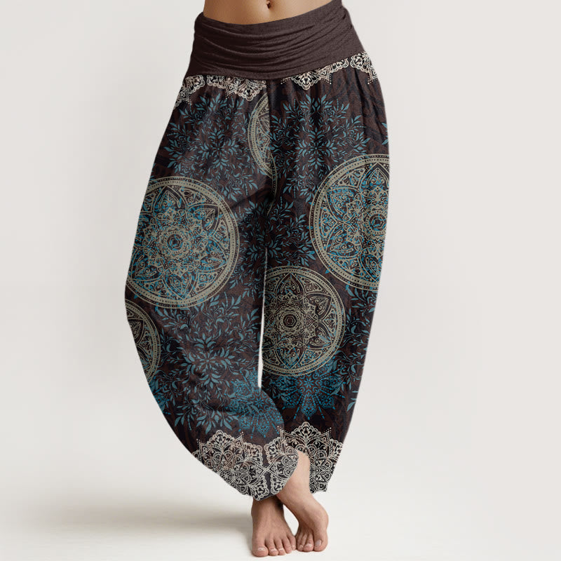 Nimara Ritual Cotton Mandala Pattern Leaves Women's Elastic Waist Harem Pants