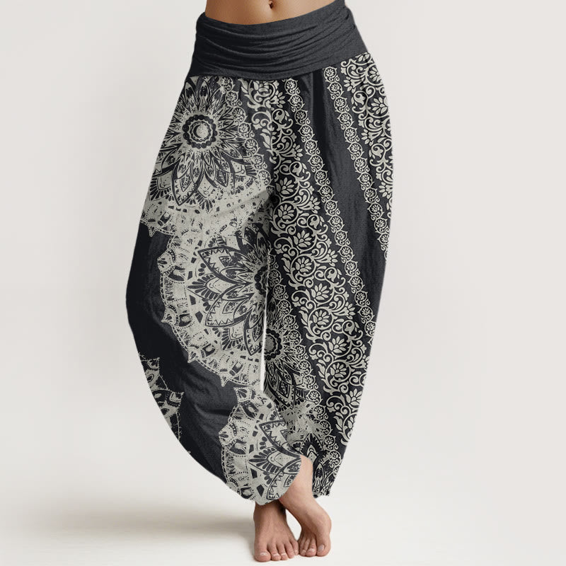 Nimara Ritual Cotton Mandala Pattern Parallel Flowers Women's Elastic Waist Harem Pants