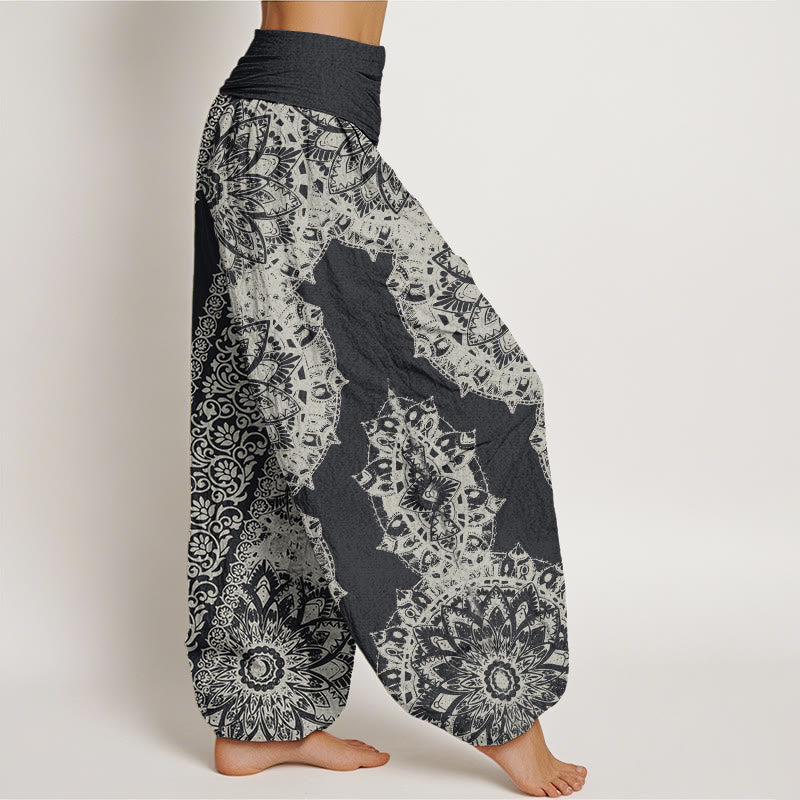Nimara Ritual Cotton Mandala Pattern Parallel Flowers Women's Elastic Waist Harem Pants