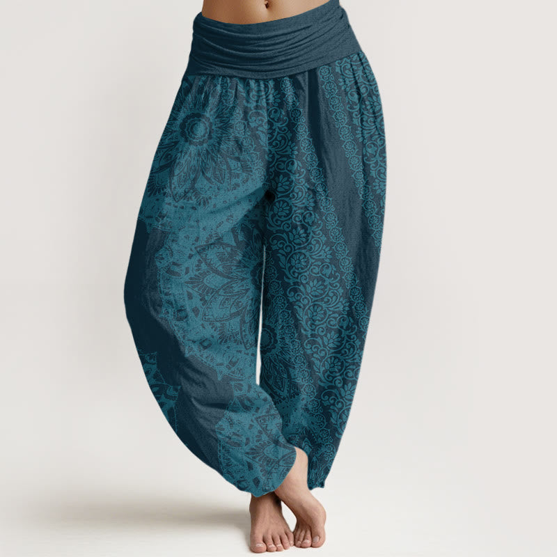 Nimara Ritual Cotton Mandala Pattern Parallel Flowers Women's Elastic Waist Harem Pants