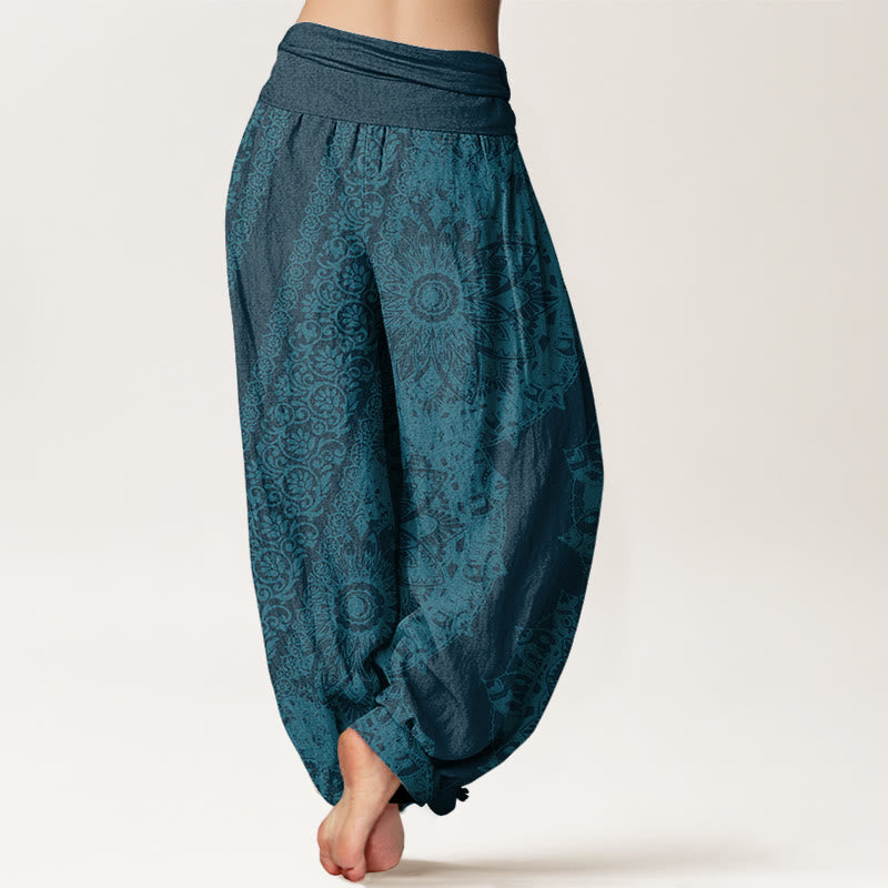 Nimara Ritual Cotton Mandala Pattern Parallel Flowers Women's Elastic Waist Harem Pants