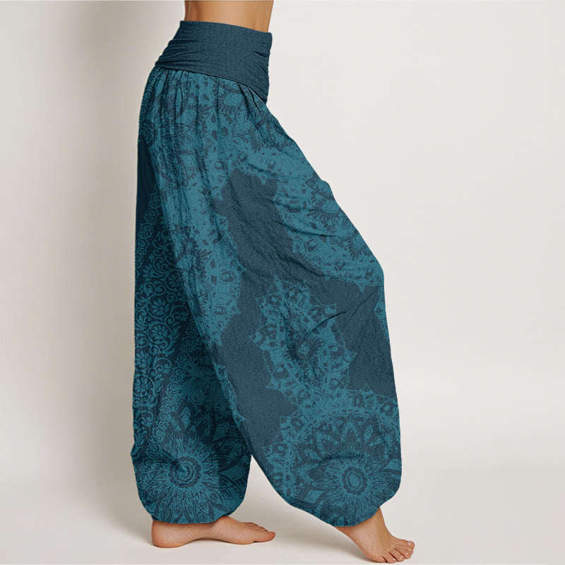 Nimara Ritual Cotton Mandala Pattern Parallel Flowers Women's Elastic Waist Harem Pants