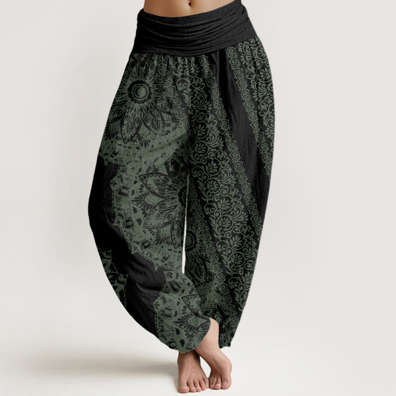 Nimara Ritual Cotton Mandala Pattern Parallel Flowers Women's Elastic Waist Harem Pants