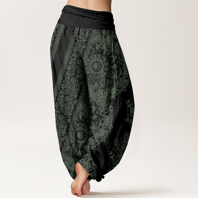 Nimara Ritual Cotton Mandala Pattern Parallel Flowers Women's Elastic Waist Harem Pants