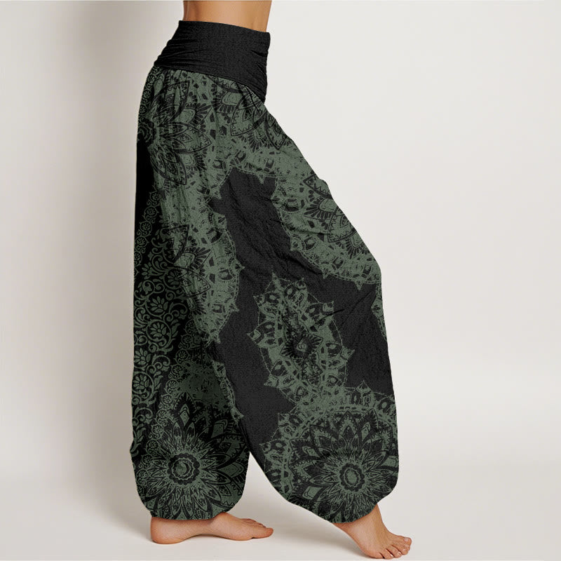 Nimara Ritual Cotton Mandala Pattern Parallel Flowers Women's Elastic Waist Harem Pants