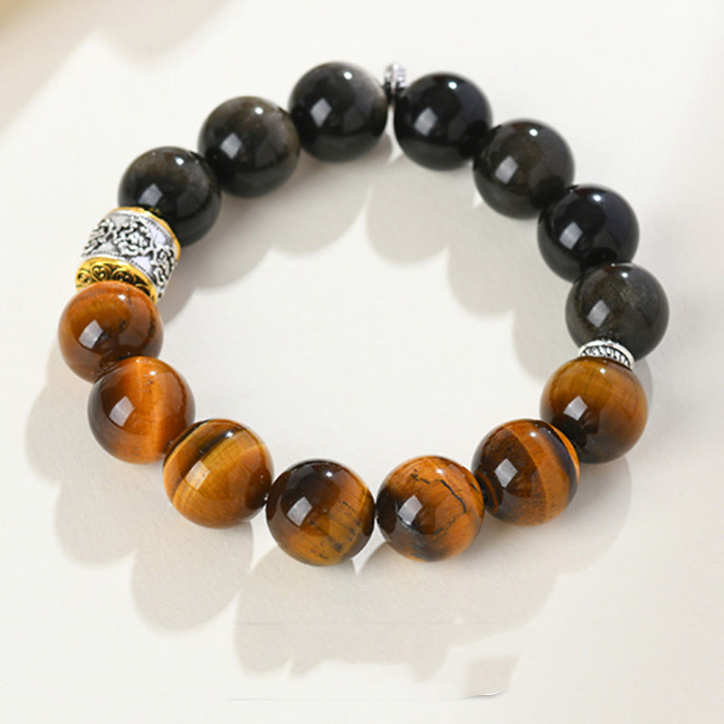 Nimara Ritual Tiger Eye Gold Sheen Obsidian Om Mani Padme Hum Bracelet