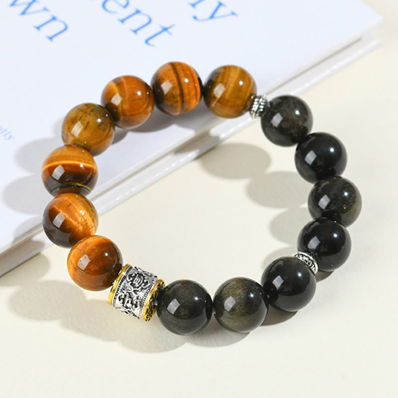 Nimara Ritual Tiger Eye Gold Sheen Obsidian Om Mani Padme Hum Bracelet