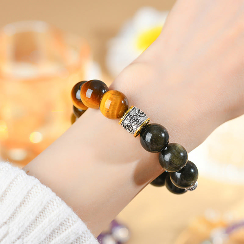 Nimara Ritual Tiger Eye Gold Sheen Obsidian Om Mani Padme Hum Bracelet