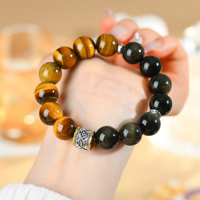 Nimara Ritual Tiger Eye Gold Sheen Obsidian Om Mani Padme Hum Bracelet