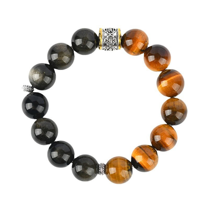 Nimara Ritual Tiger Eye Gold Sheen Obsidian Om Mani Padme Hum Bracelet