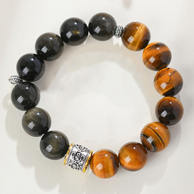 Nimara Ritual Tiger Eye Gold Sheen Obsidian Om Mani Padme Hum Bracelet