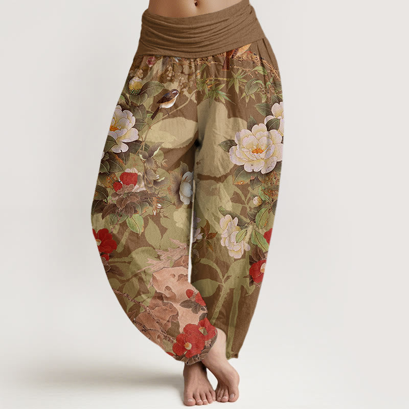Nimara Ritual Cotton Casual Peony Flowers Leaves Magpie Women's Elastic Waist Harem Pants