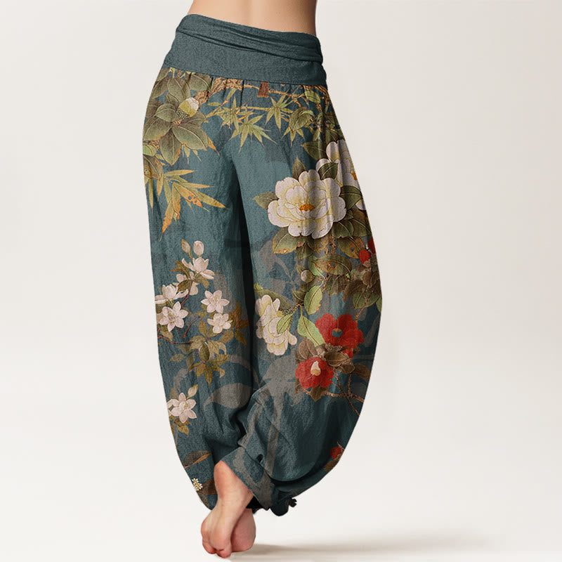 Nimara Ritual Cotton Casual Peony Flowers Leaves Magpie Women's Elastic Waist Harem Pants