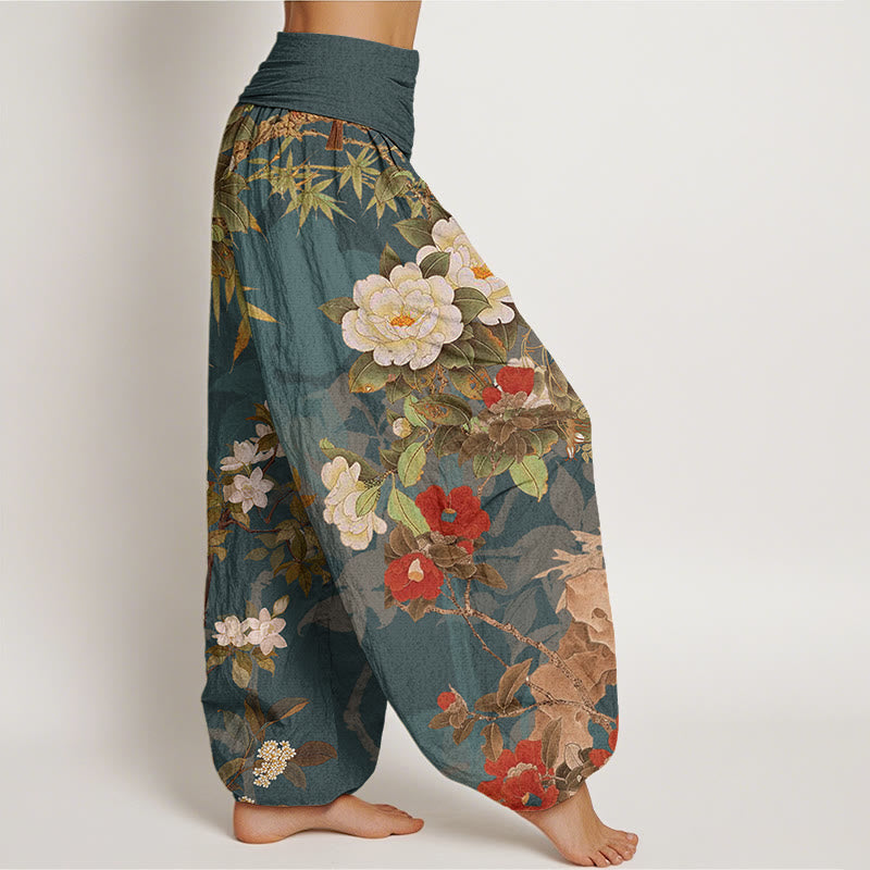 Nimara Ritual Cotton Casual Peony Flowers Leaves Magpie Women's Elastic Waist Harem Pants