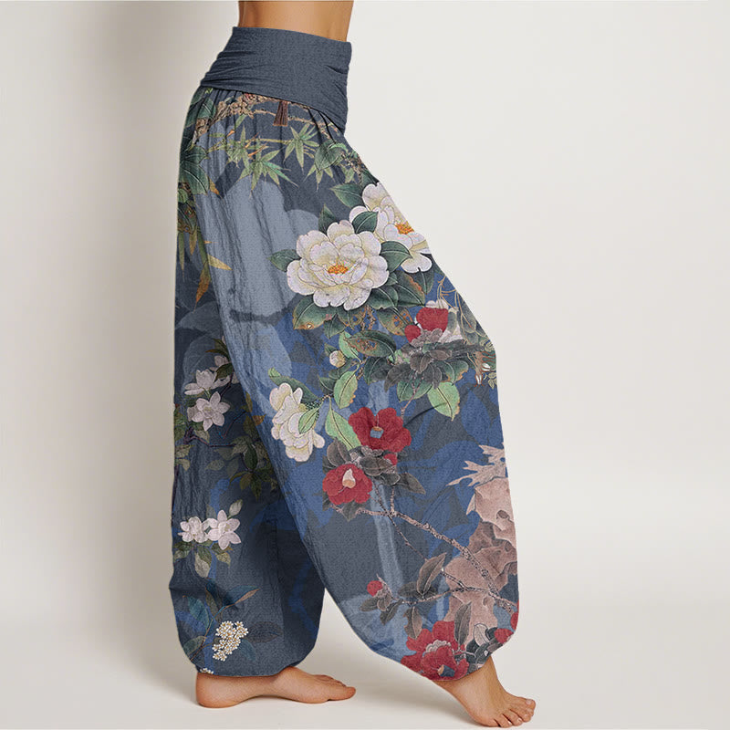 Nimara Ritual Cotton Casual Peony Flowers Leaves Magpie Women's Elastic Waist Harem Pants