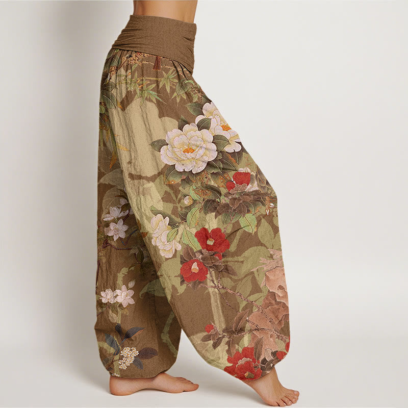 Nimara Ritual Cotton Casual Peony Flowers Leaves Magpie Women's Elastic Waist Harem Pants