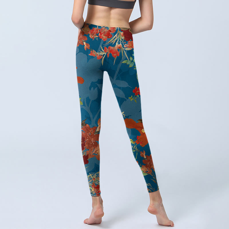 Nimara Ritual Blue Red Flowers Birds Print Gym Leggings Women's Yoga Pants
