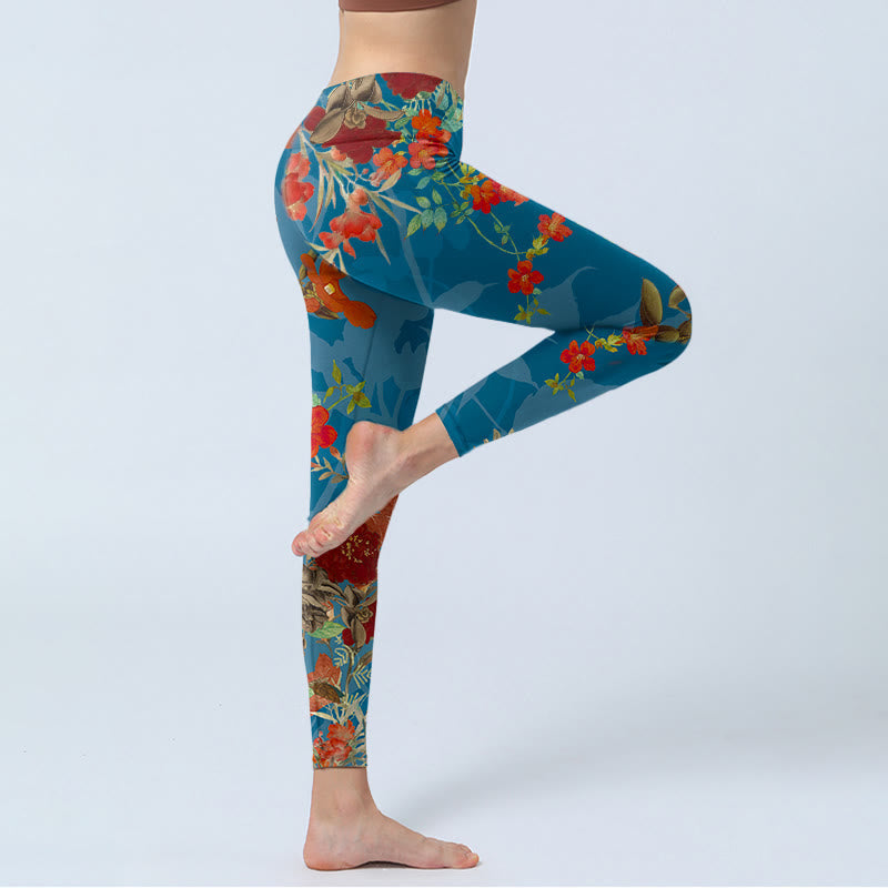 Nimara Ritual Blue Red Flowers Birds Print Gym Leggings Women's Yoga Pants