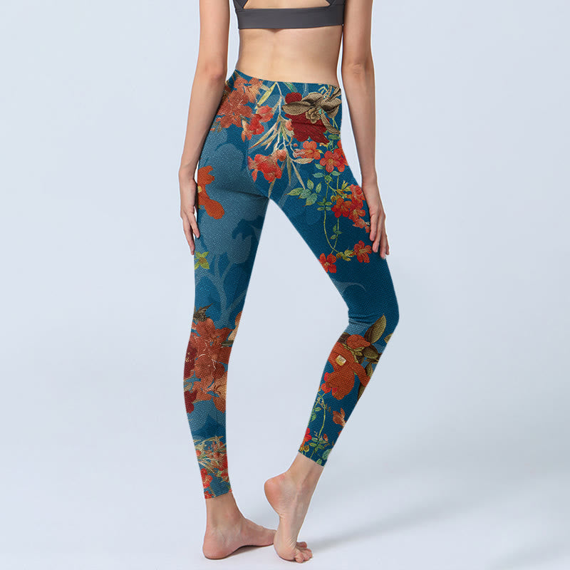 Nimara Ritual Blue Red Flowers Birds Print Gym Leggings Women's Yoga Pants