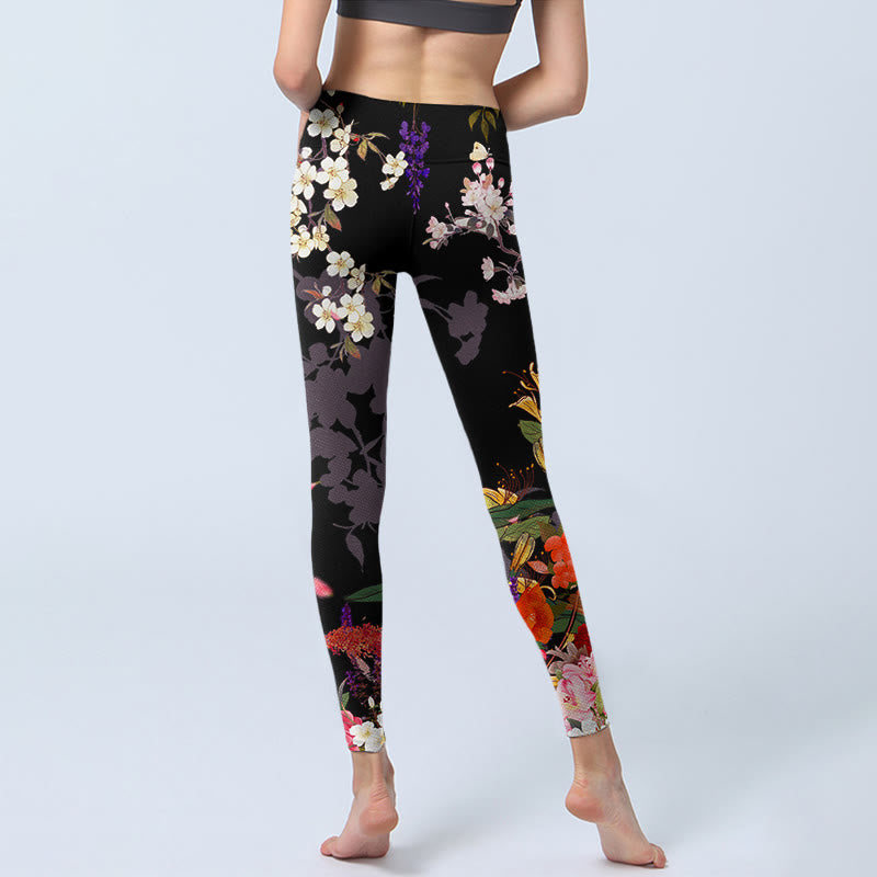 Nimara Ritual Black Colorful Flowers Print Gym Leggings Women's Yoga Pants
