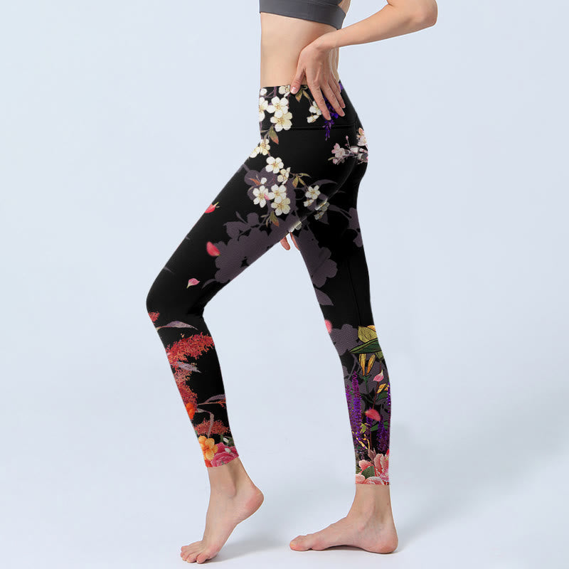 Nimara Ritual Black Colorful Flowers Print Gym Leggings Women's Yoga Pants