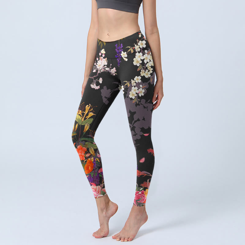 Nimara Ritual Black Colorful Flowers Print Gym Leggings Women's Yoga Pants