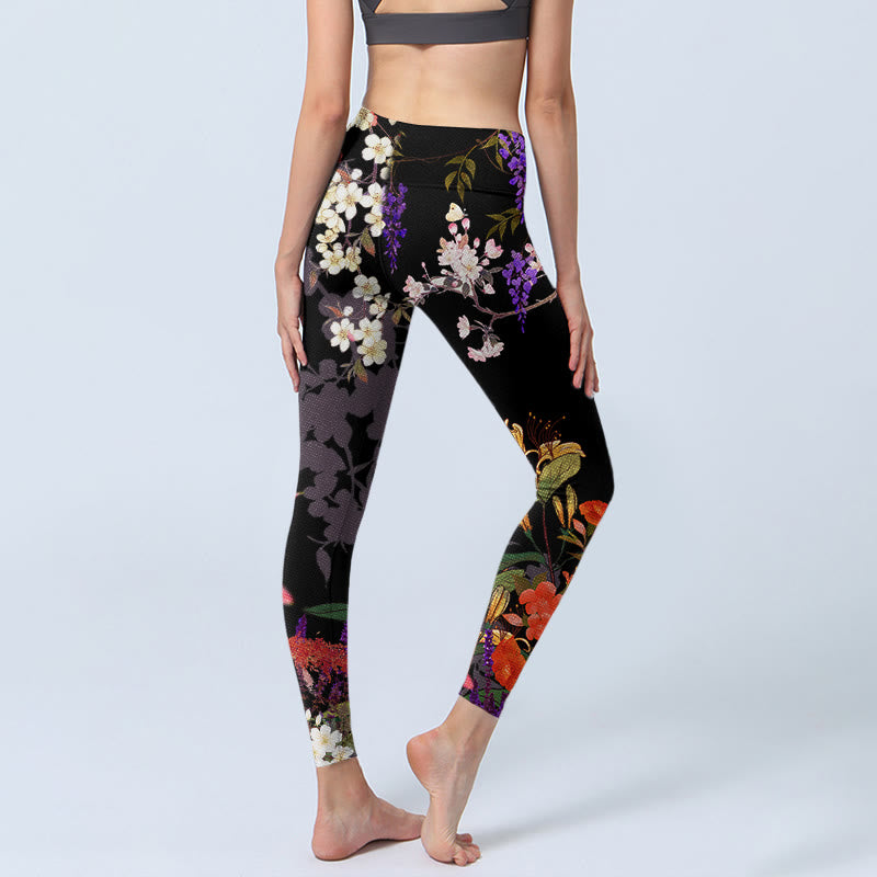 Nimara Ritual Black Colorful Flowers Print Gym Leggings Women's Yoga Pants