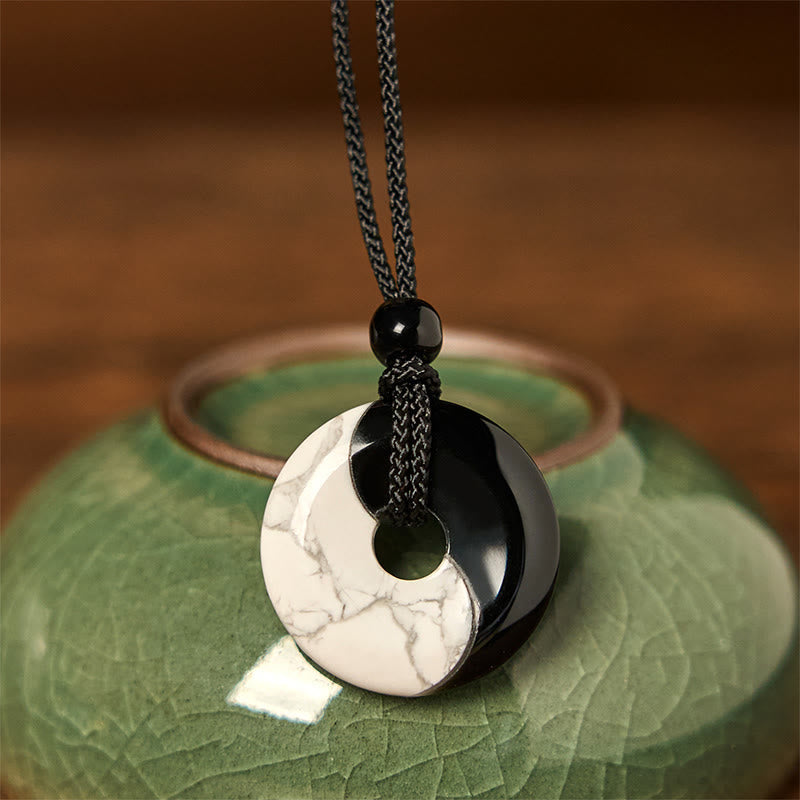 Nimara Ritual Natural Black Obsidian White Turquoise Yin Yang Peace Buckle Design Braided String Strength Necklace Pendant